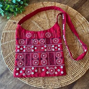 Gap Embroidered Red Boho Crossbody Shoulder Bag